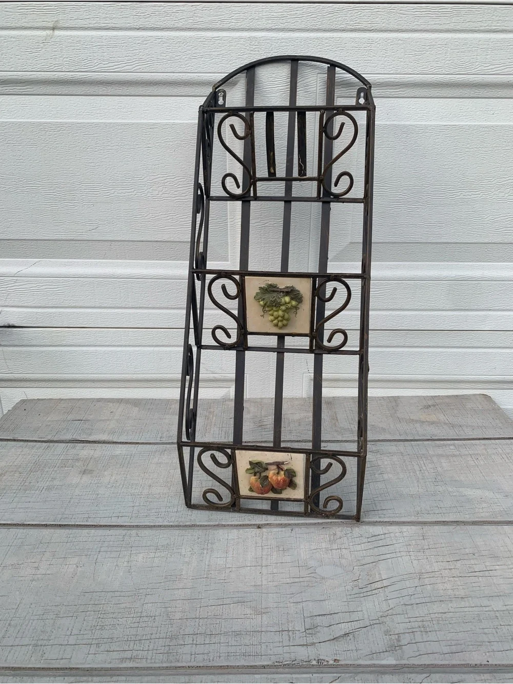 Vintage Wrought Iron Wall Rack 3 Tier Shelf Fruit Tile Mail Magazine Organizer